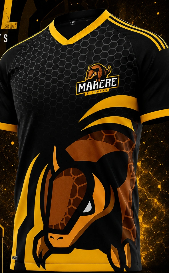 Camisa preta e dourada da Marere com o mascote tatu